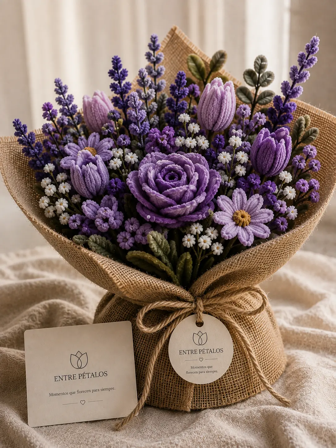 Ramo de limpiapipas con espigas de lavanda, tulipanes y una rosa lila