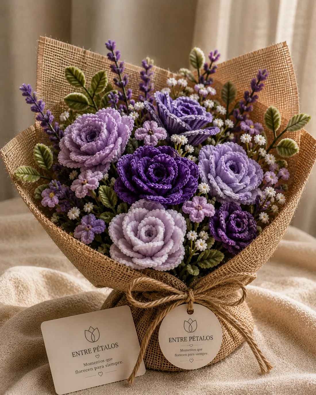 Ramo de rosas tejidas en cuatro tonos de violeta y lila