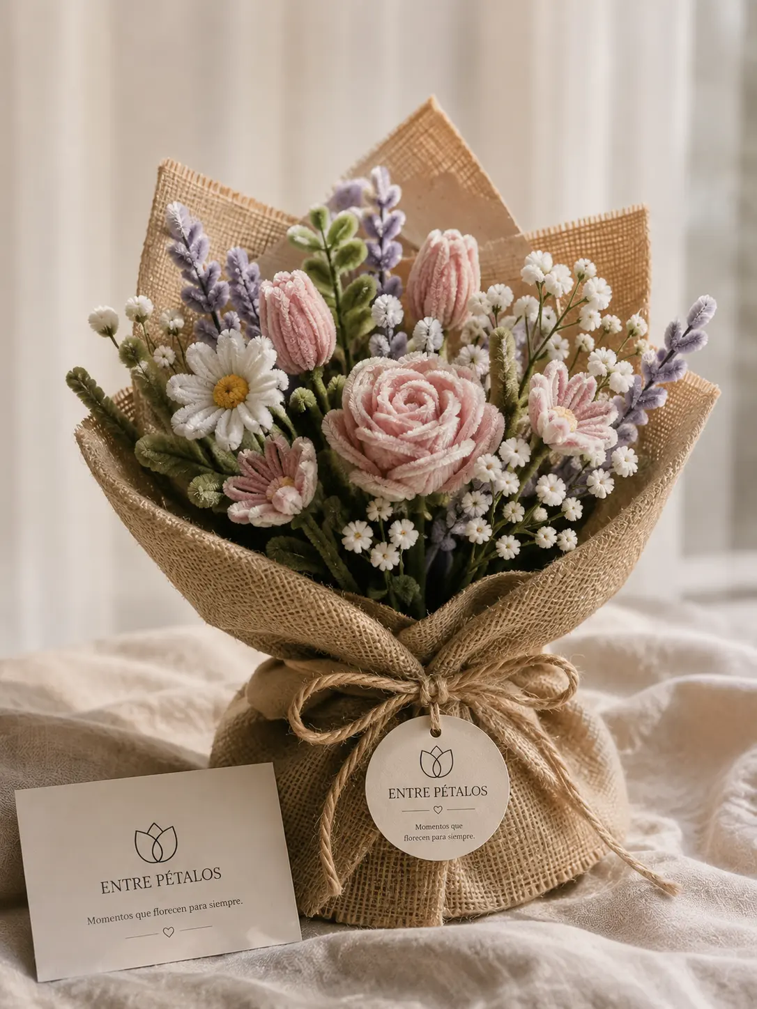Ramo de limpiapipas en tonos pastel con rosa, margarita y lavanda