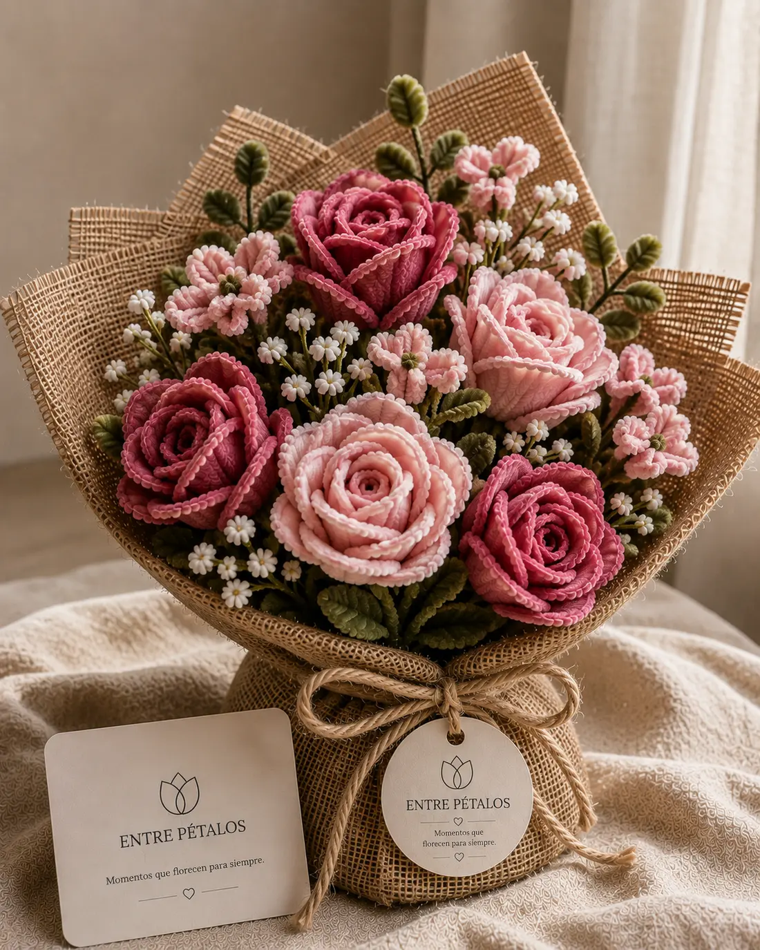Detalle de un ramo de rosas tejidas en limpiapipas, en fucsia y rosa