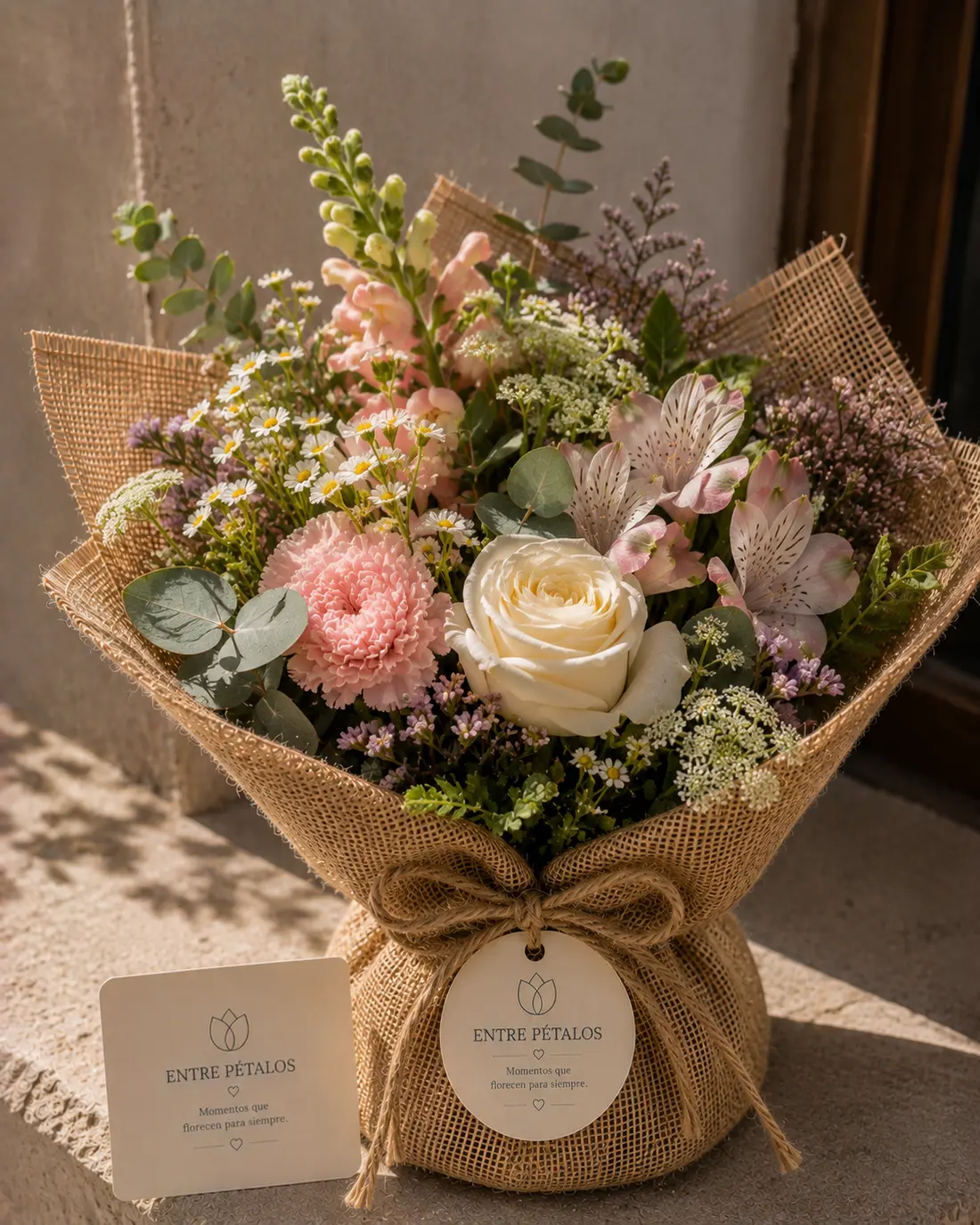 Ramo variado en blancos y verdes con rosa blanca, hortensia y eucalipto