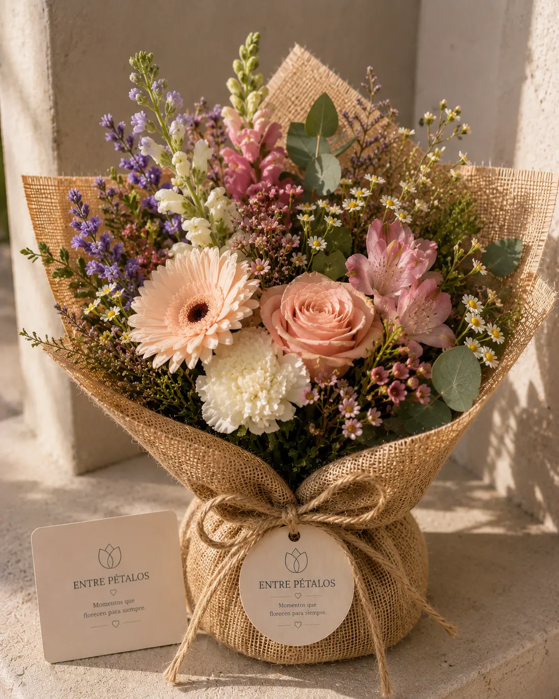 Ramo pequeño en tonos durazno con gerberas, rosas y lavanda