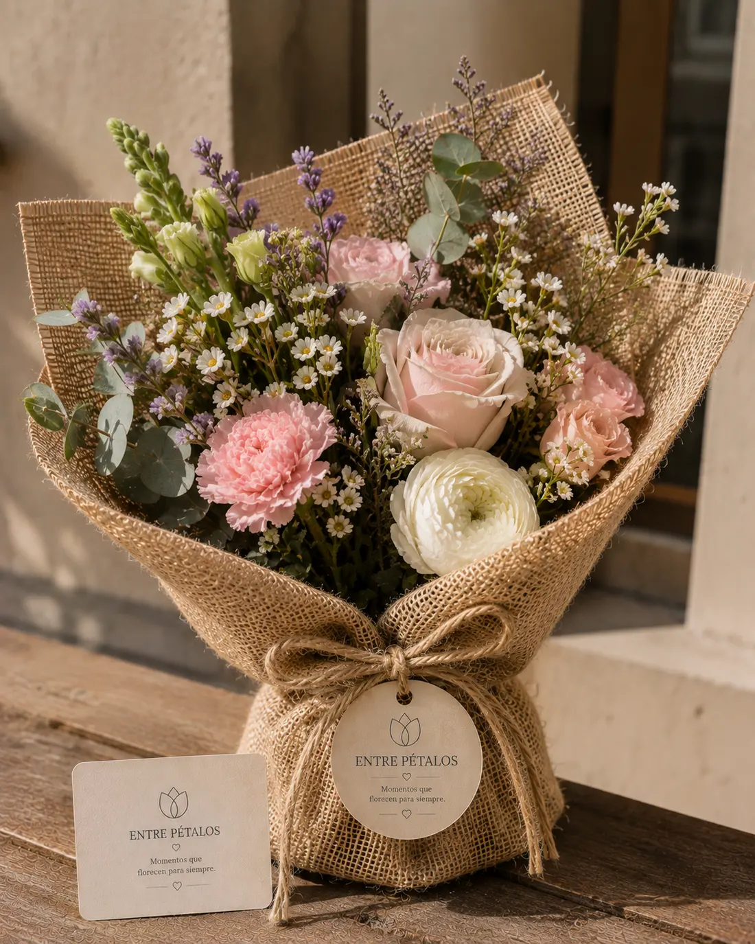 Ramo en tonos pastel con rosas pálidas, margaritas pequeñas y lavanda