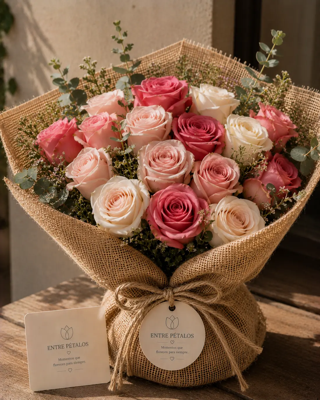 Ramo de nueve rosas en rosa y crema envuelto en yute, con la etiqueta del estudio colgando